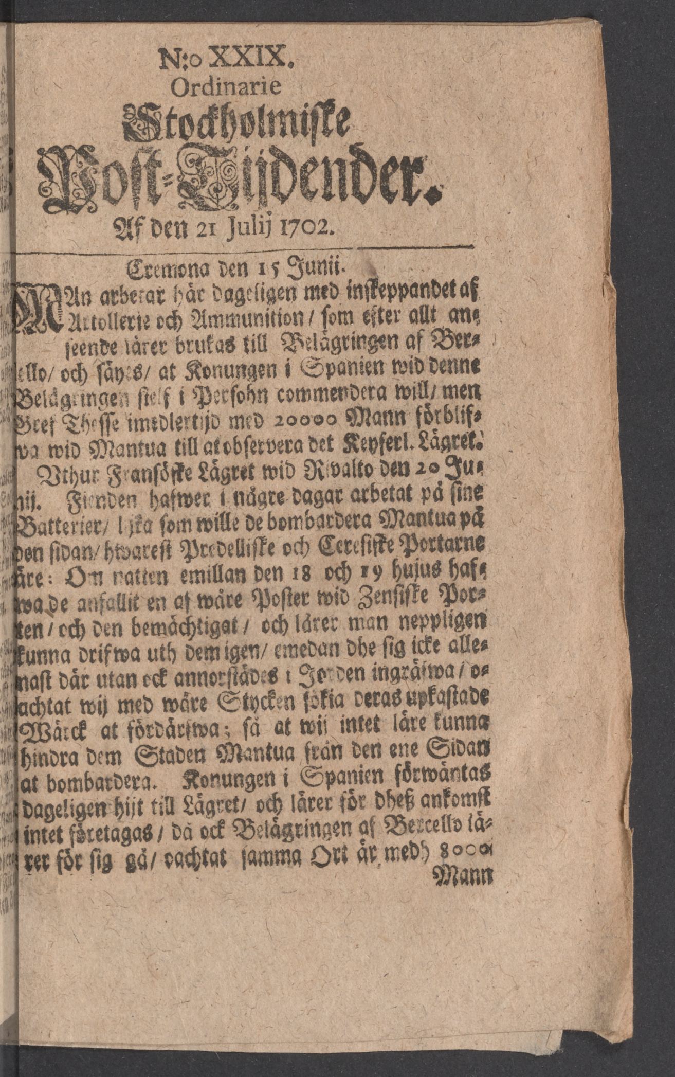Tidningssida ur POSTTIDNINGAR, 1702-07-21