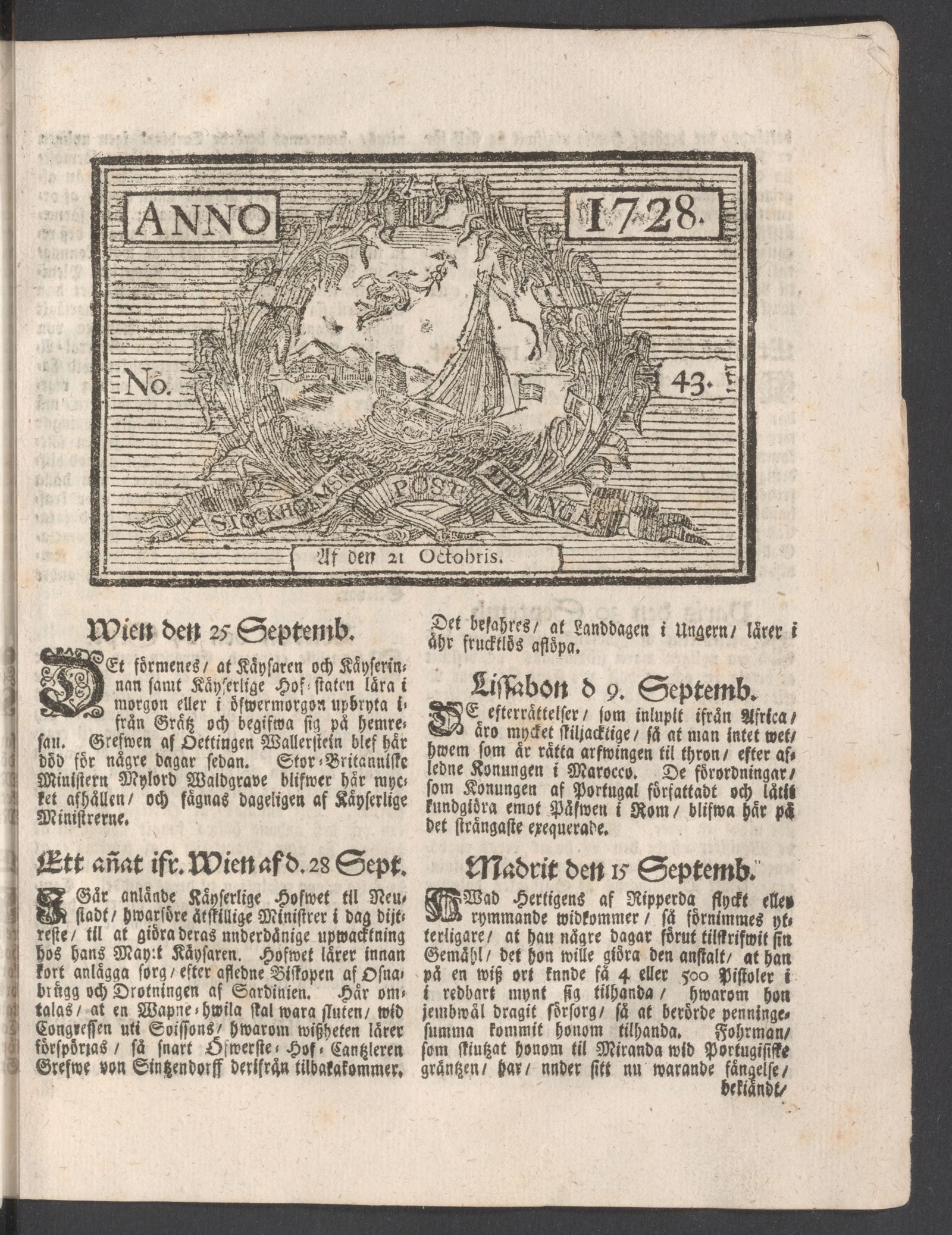 Tidningssida ur POSTTIDNINGAR, 1728-10-21