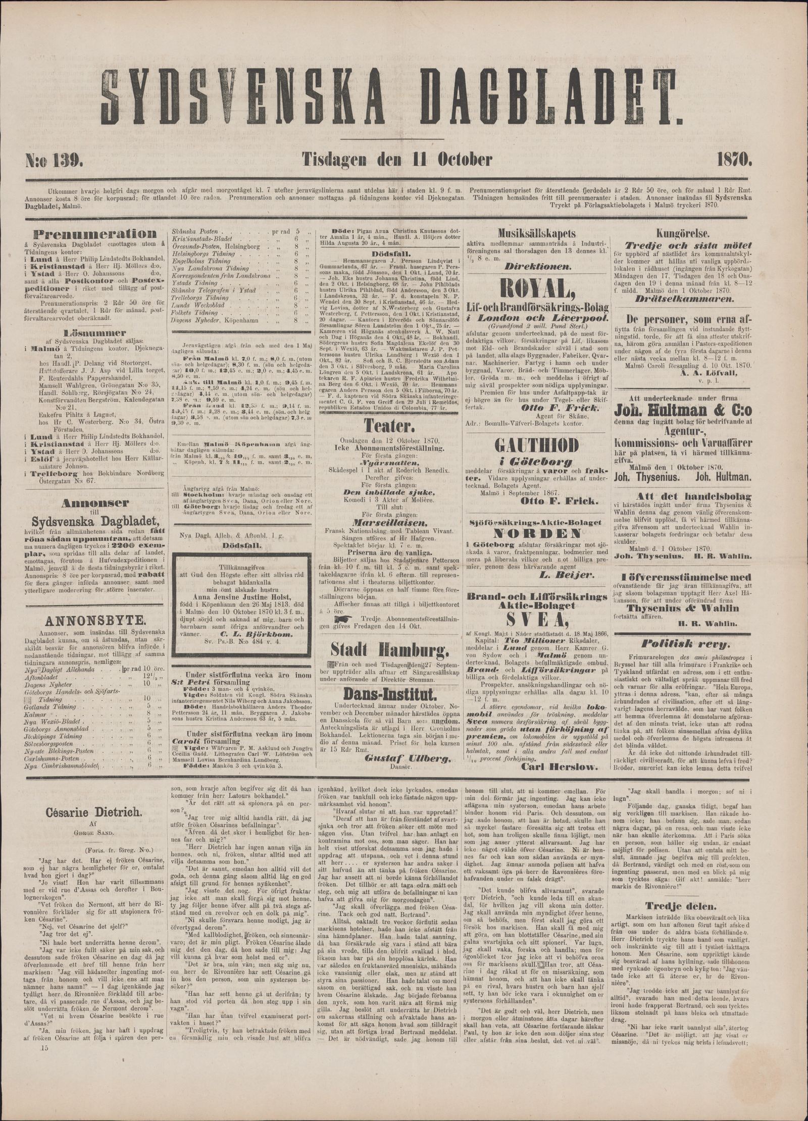 Tidningssida ur SYDSVENSKA DAGBLADET, 1870-10-11