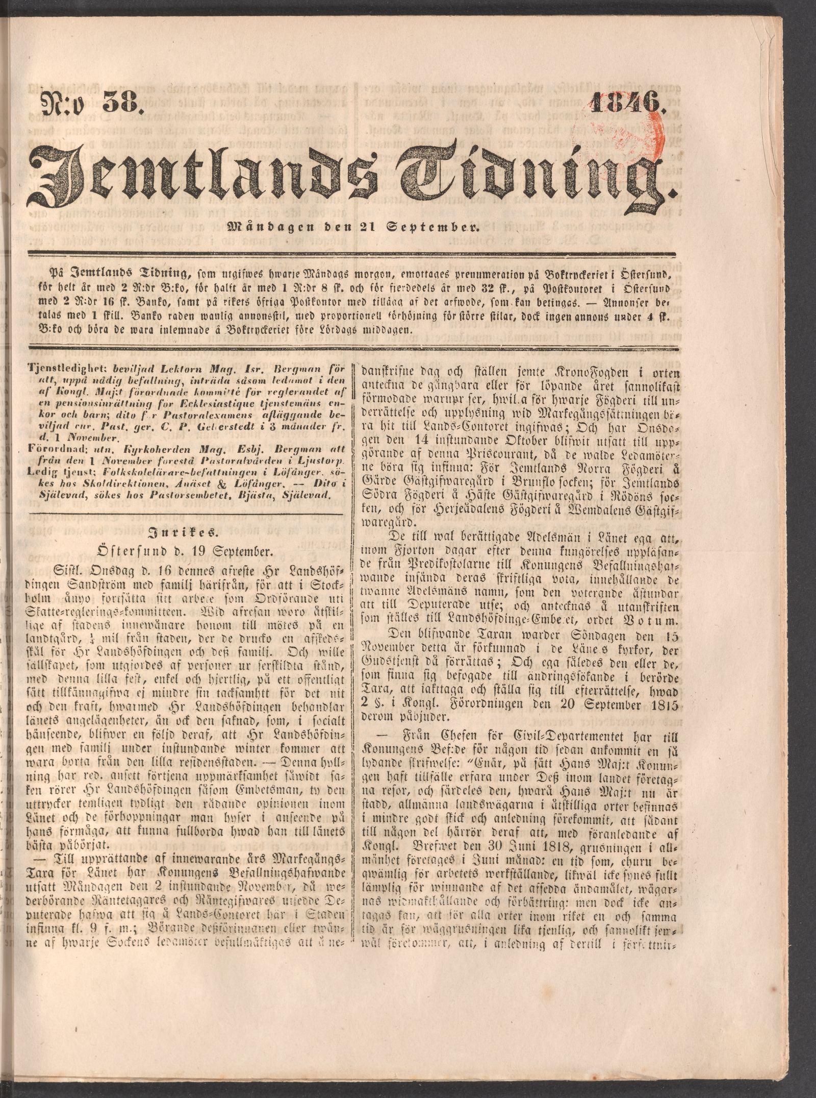 Tidningssida ur JEMTLANDS TIDNING, 1846-09-21