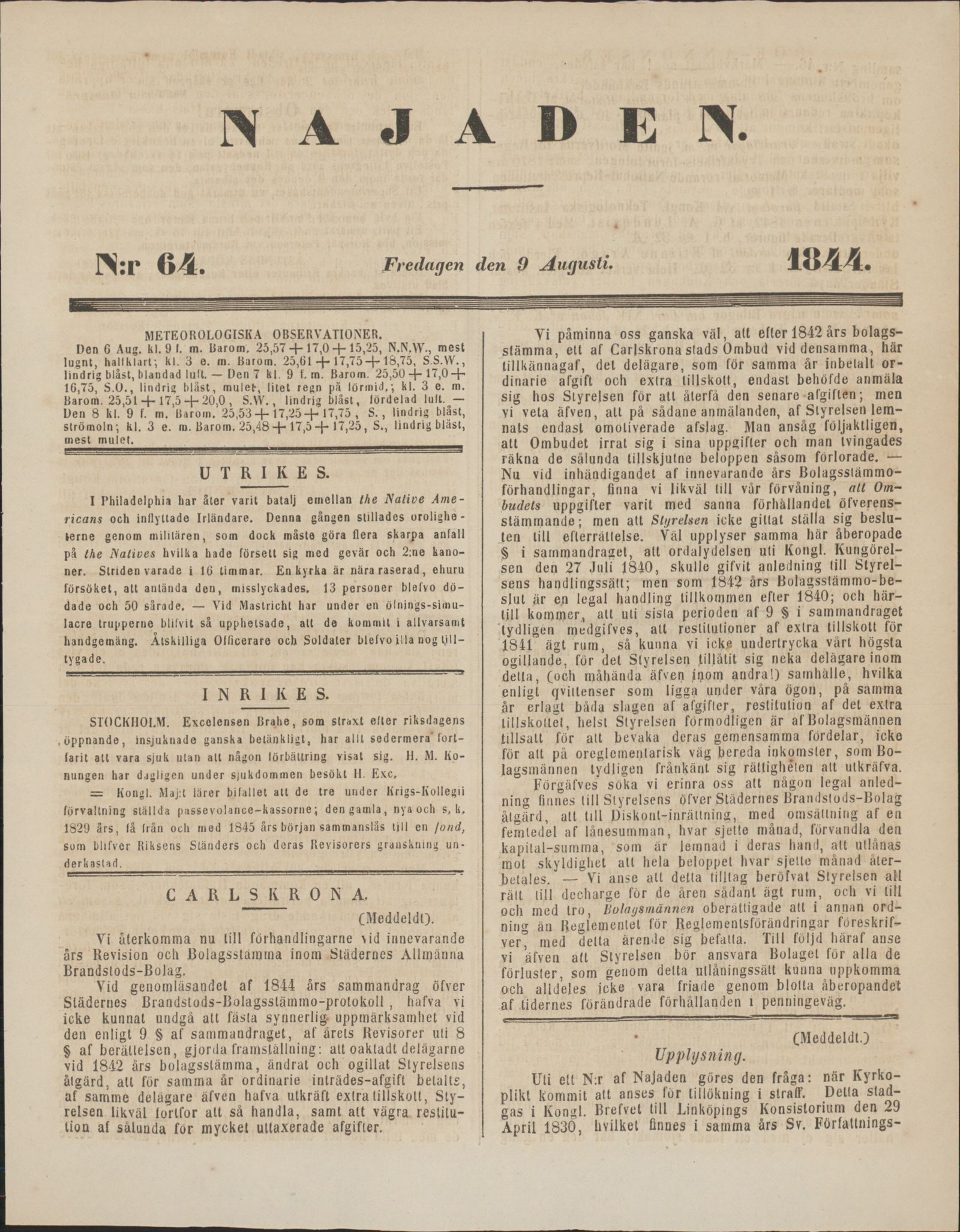 Tidningssida ur NAJADEN, 1844-08-09