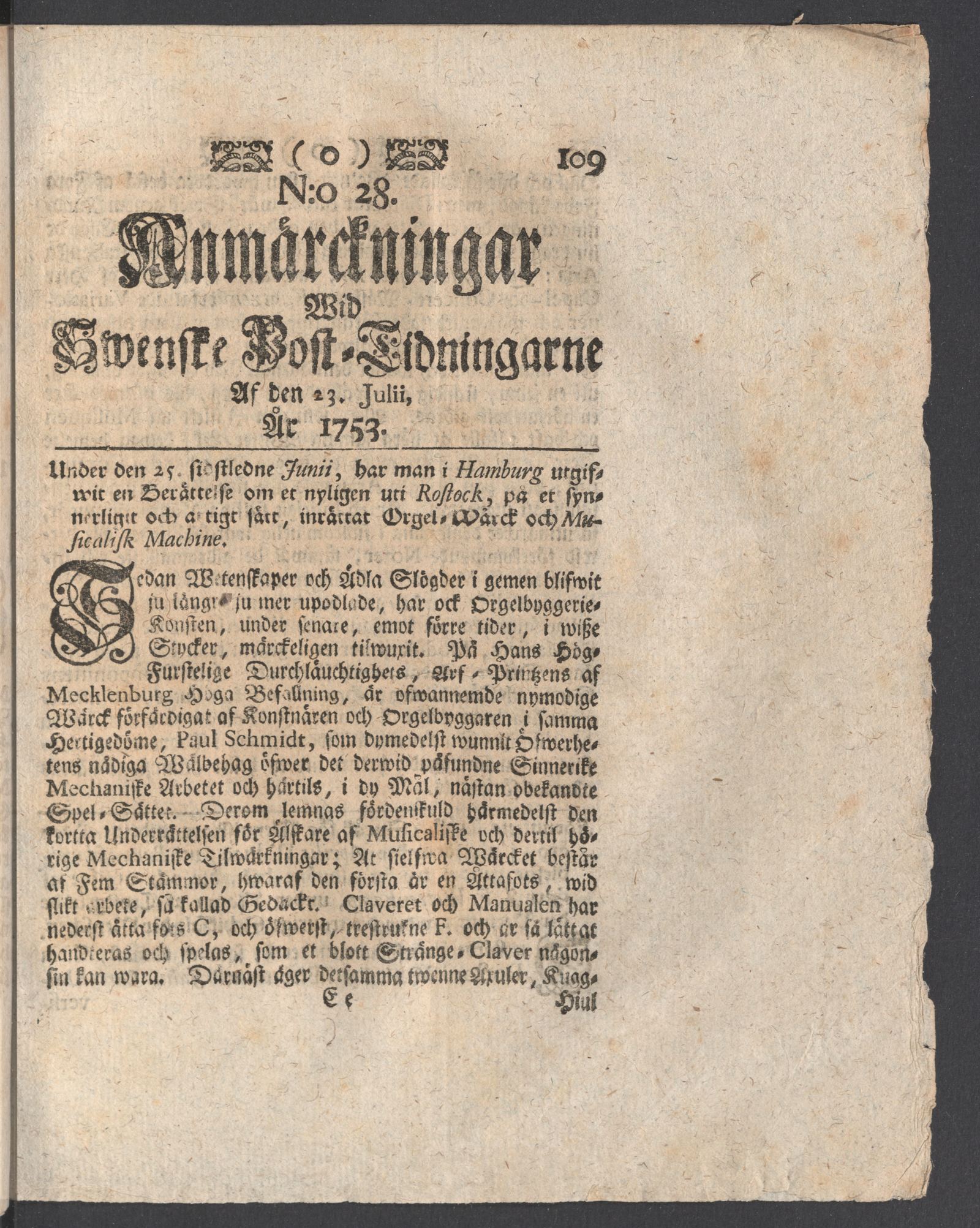 Tidningssida ur ANMÄRCKNINGAR WID SWENSKE POSTTIDNINGARNE, 1753-07-23