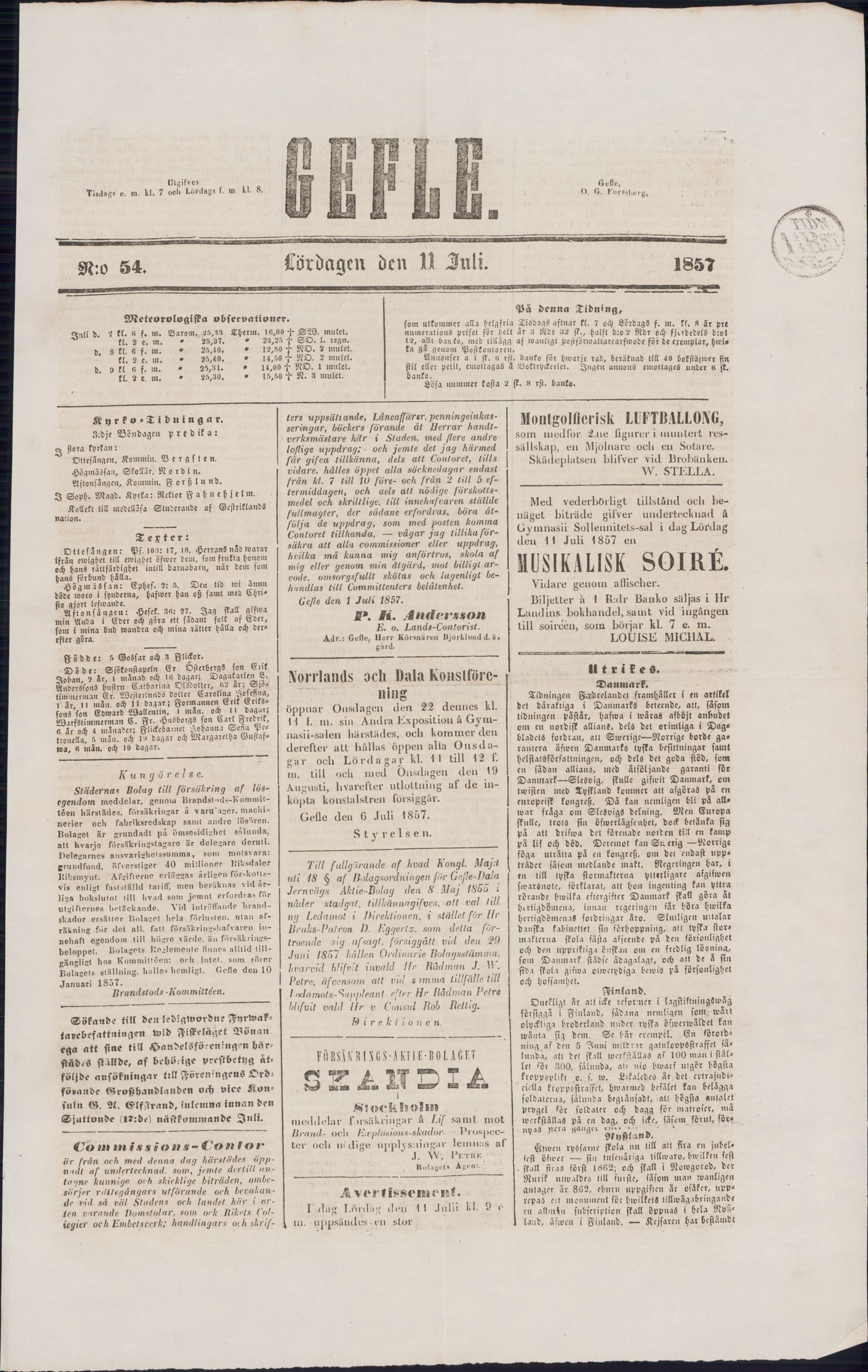 Tidningssida ur GEFLEBORGS LÄNS TIDNING, 1857-07-11