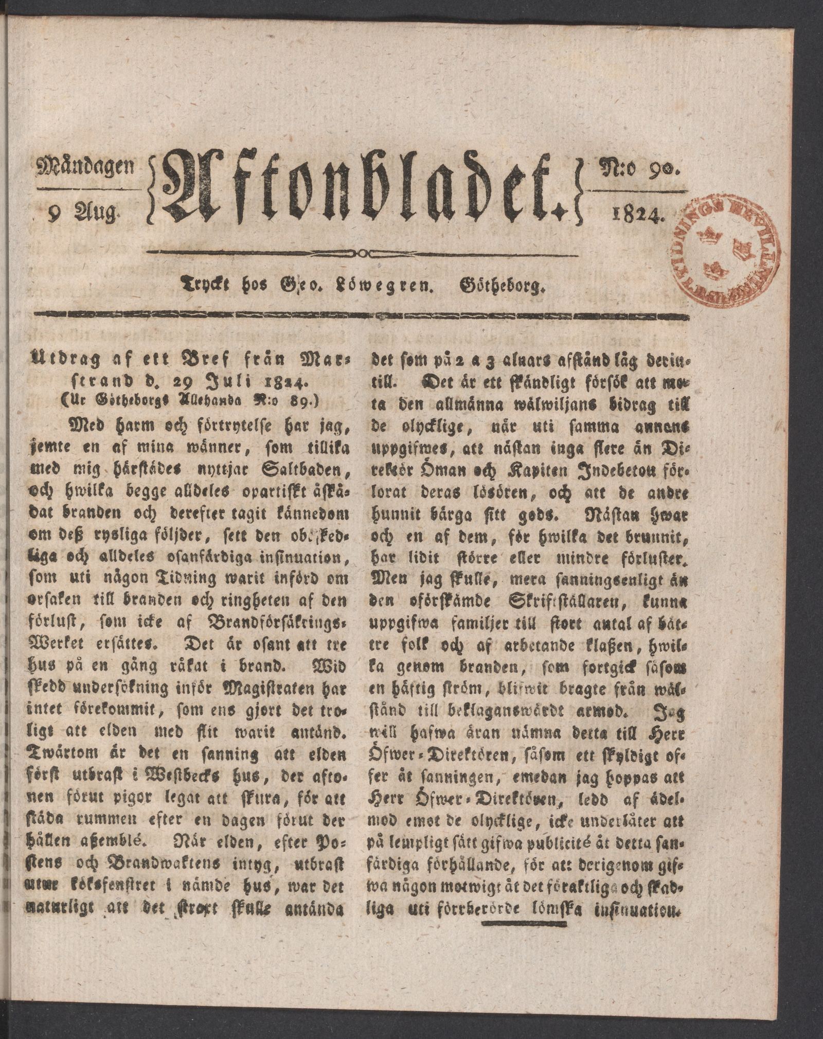 Tidningssida ur AFTONBLADET, 1824-08-09