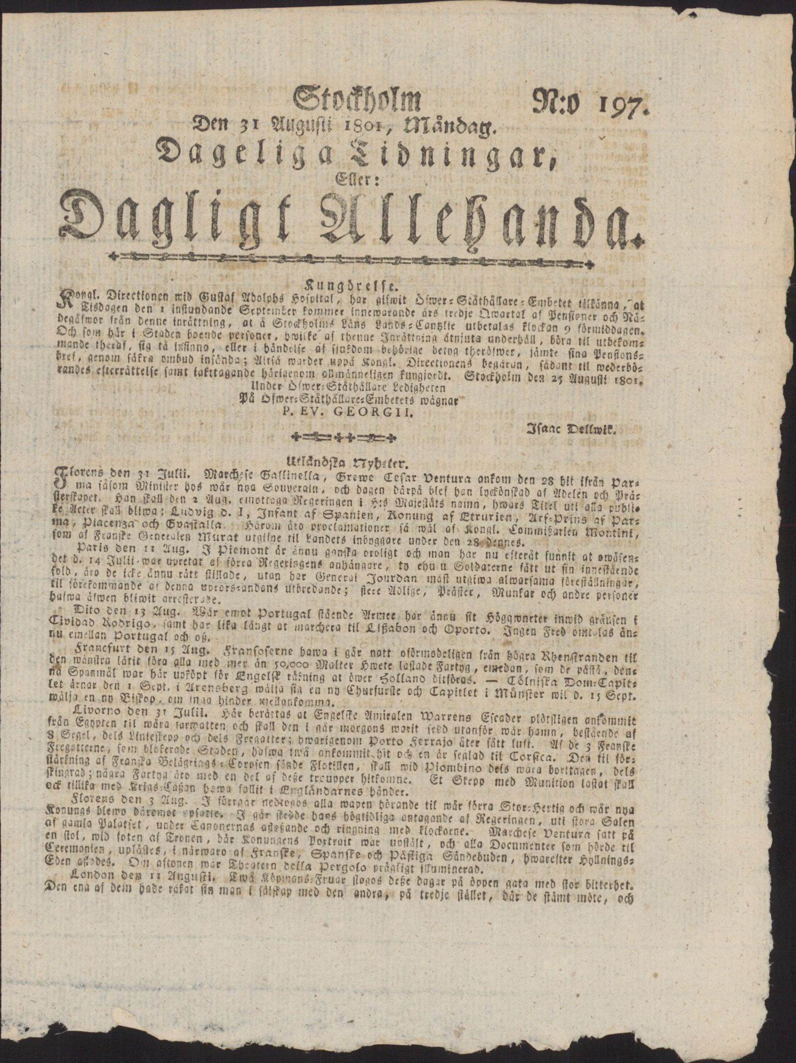 Tidningssida ur DAGLIGT ALLEHANDA, 1801-08-31