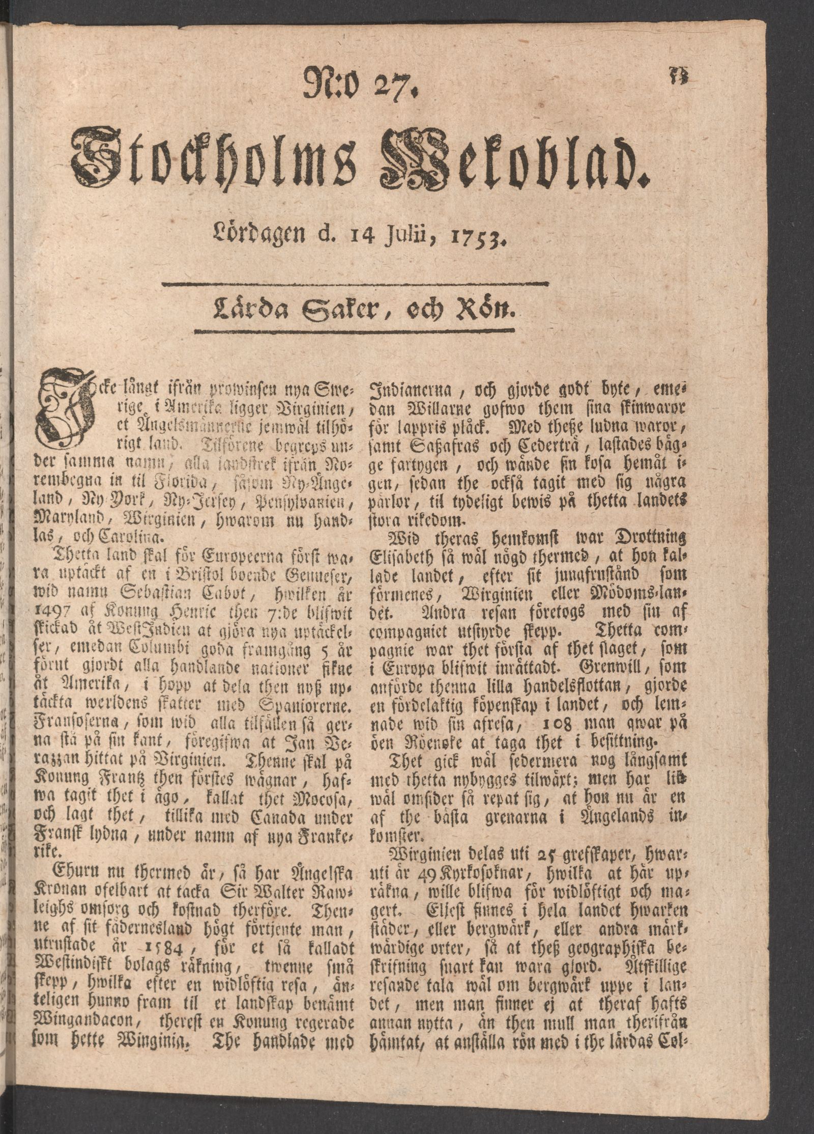 Tidningssida ur STOCKHOLMS WECKOBLAD, 1753-07-14