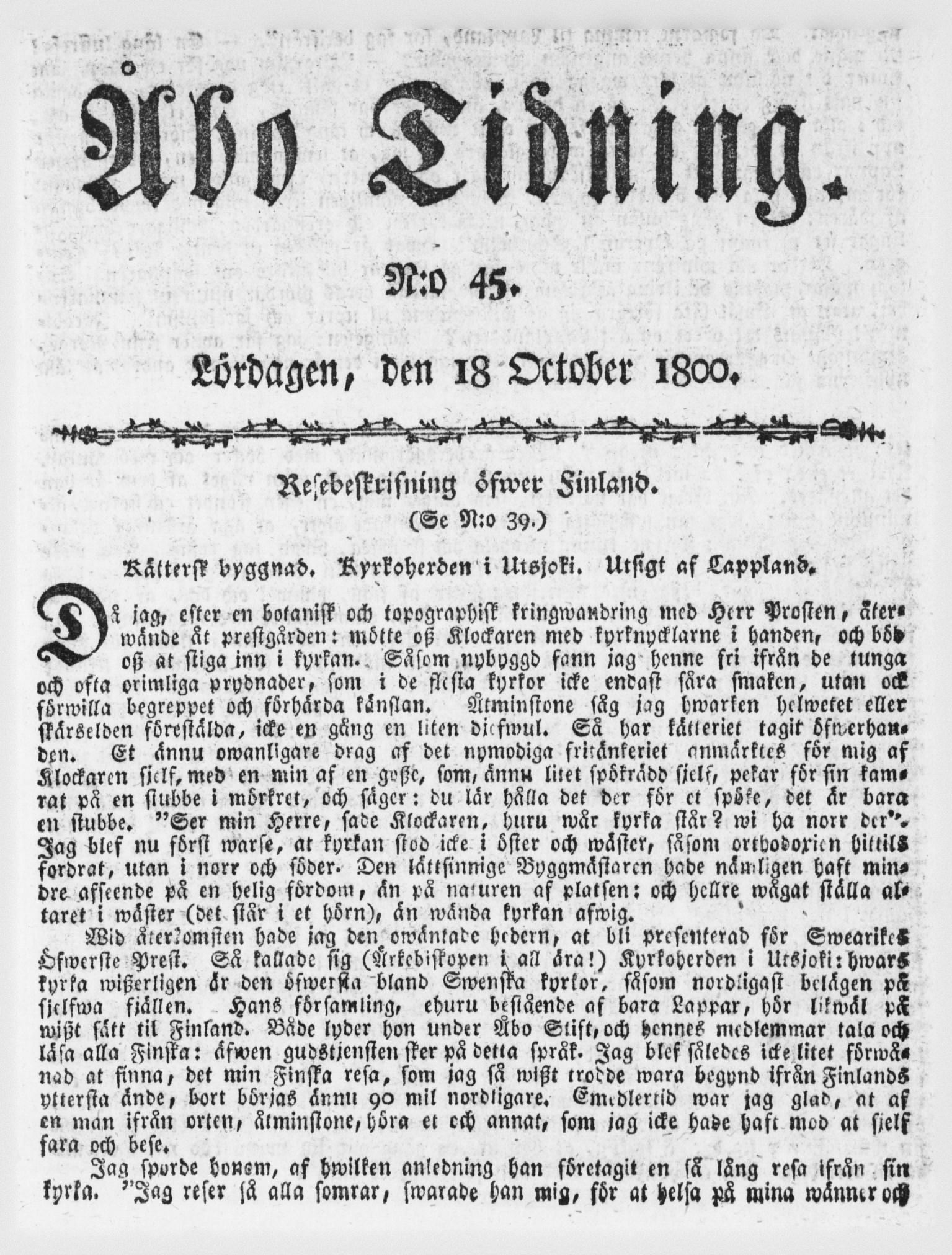 Tidningssida ur ÅBO TIDNING, 1800-10-18