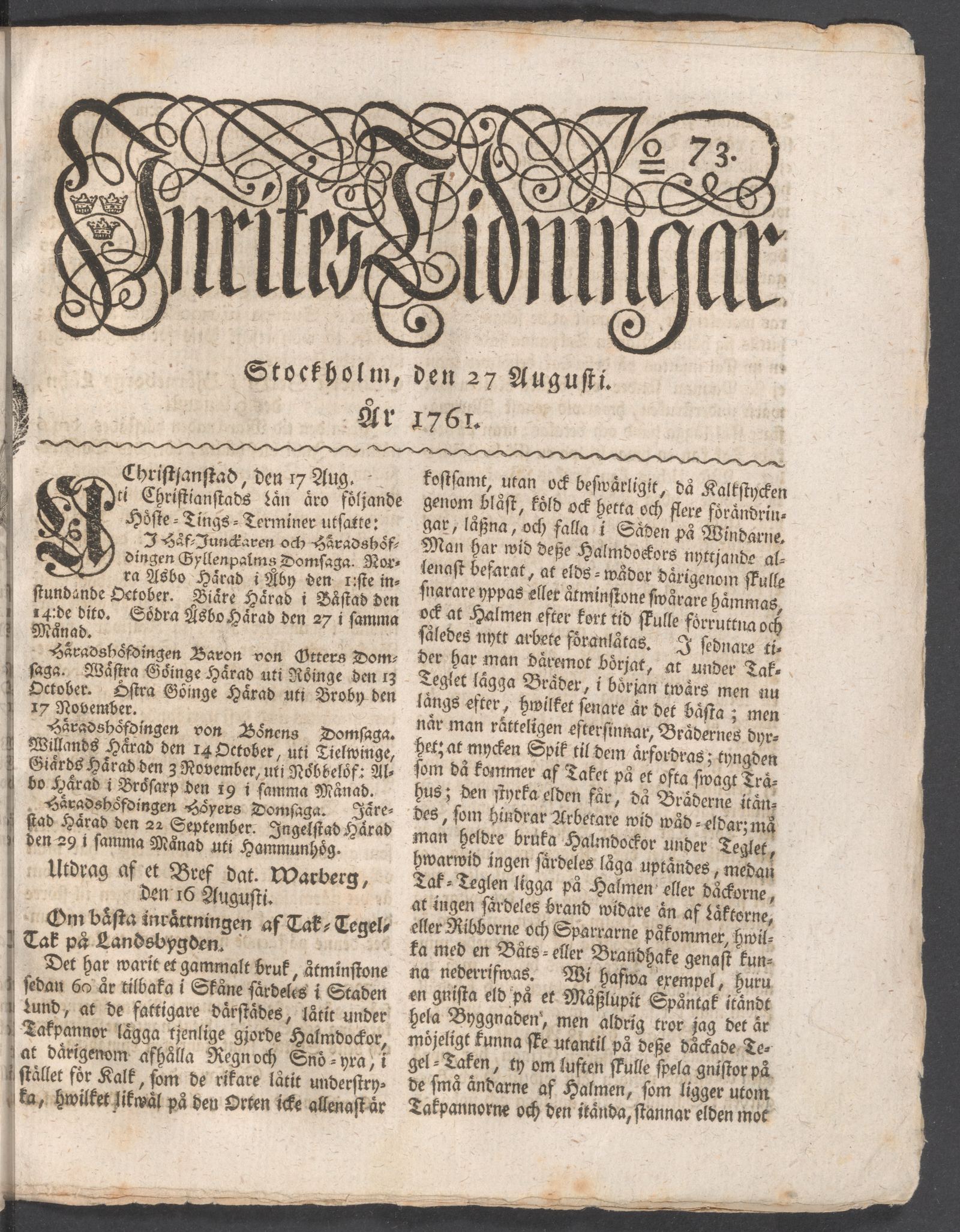 Tidningssida ur INRIKES TIDNINGAR, 1761-08-27