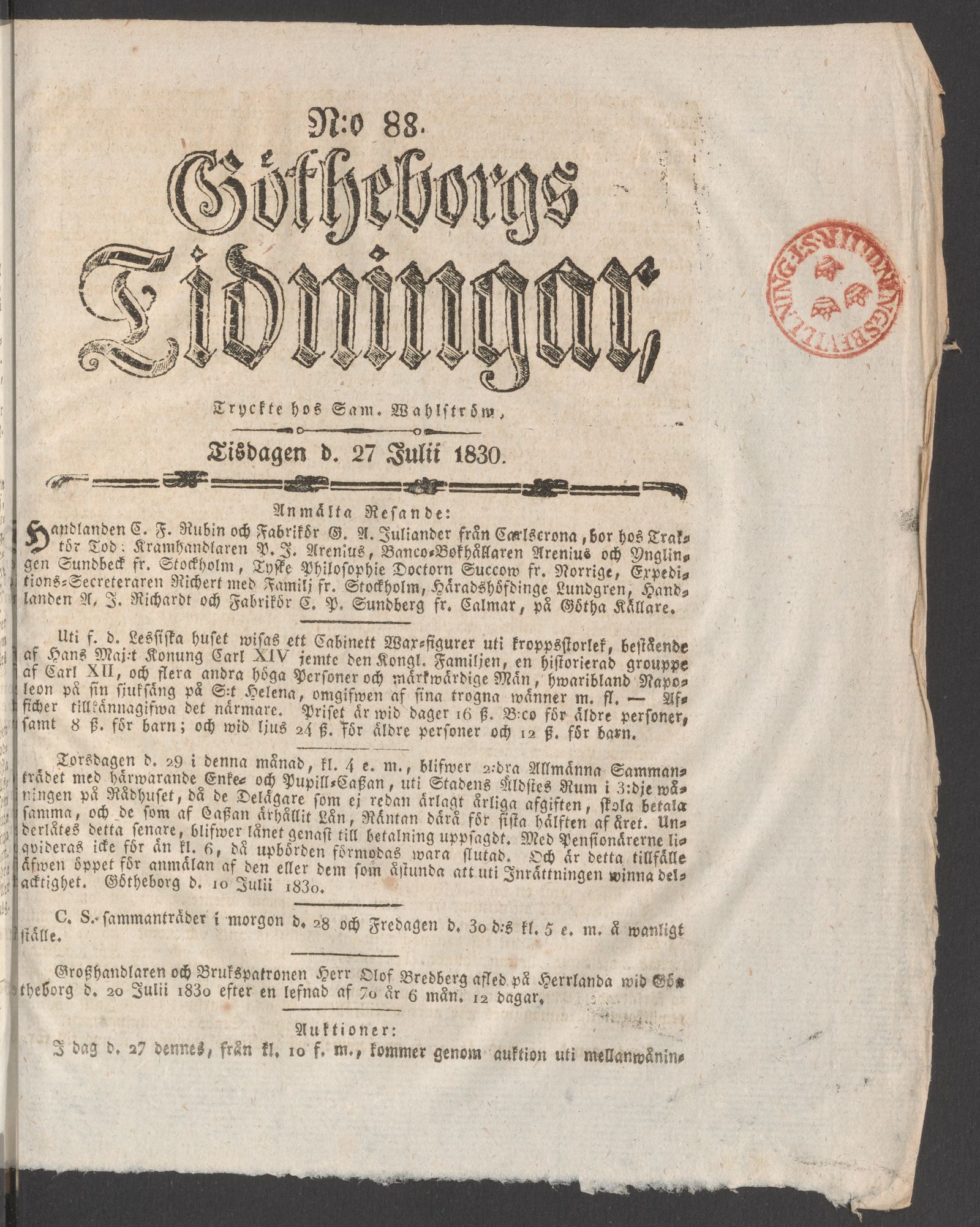Tidningssida ur GÖTHEBORGS TIDNINGAR, 1830-07-27