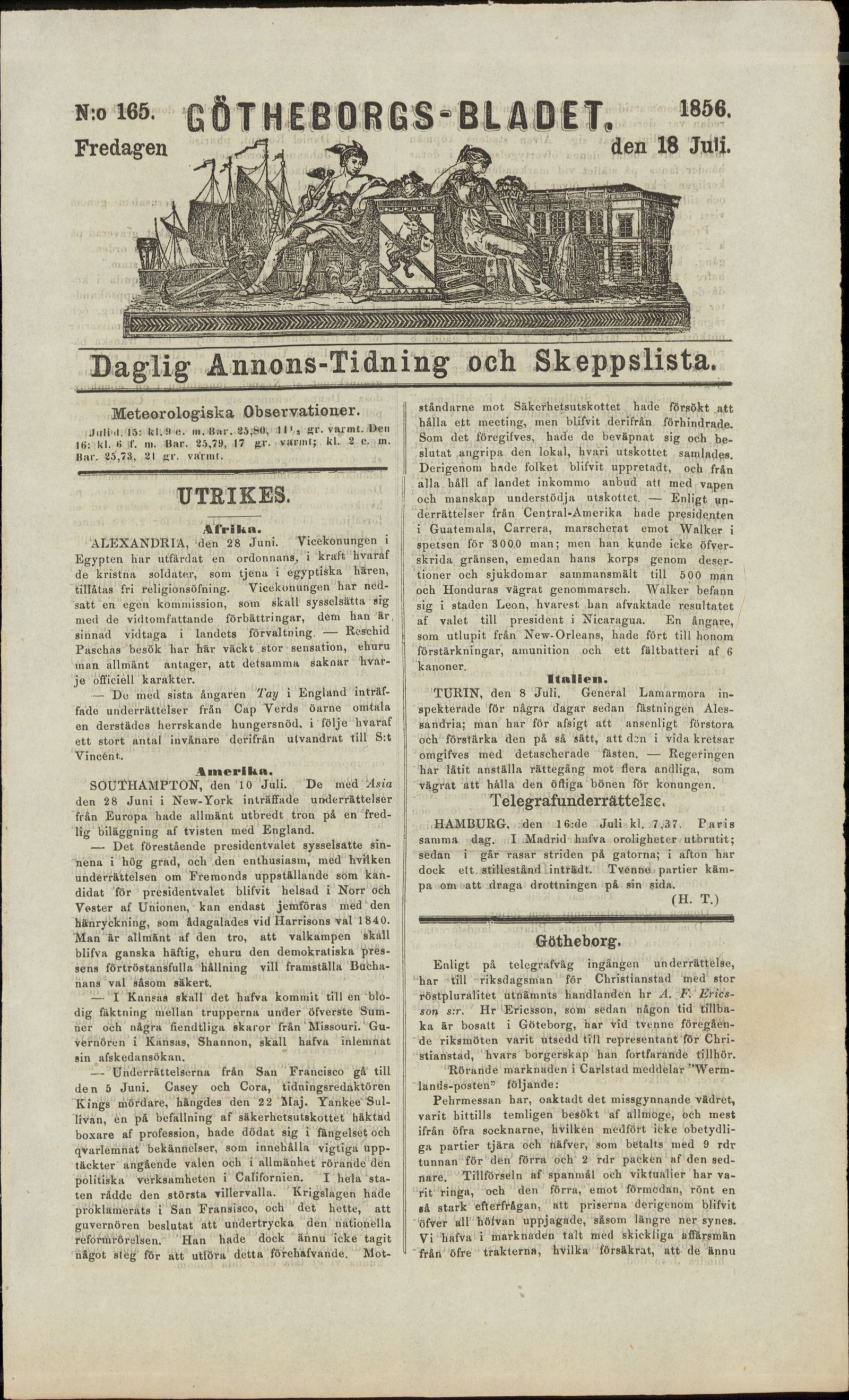 Tidningssida ur GÖTHEBORGSBLADET, 1856-07-18