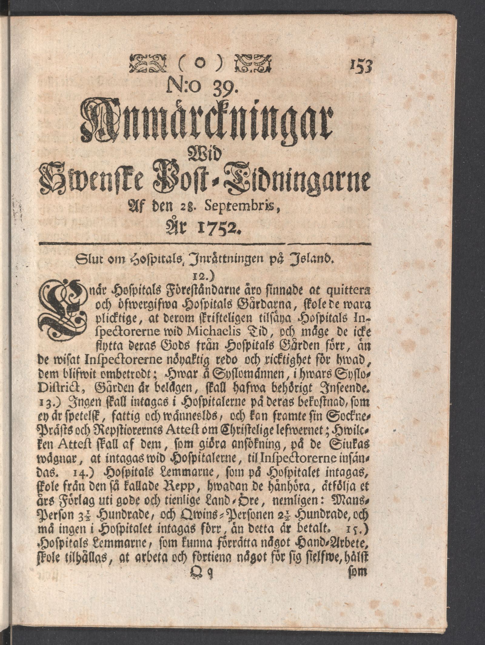 Tidningssida ur ANMÄRCKNINGAR WID SWENSKE POSTTIDNINGARNE, 1752-09-28