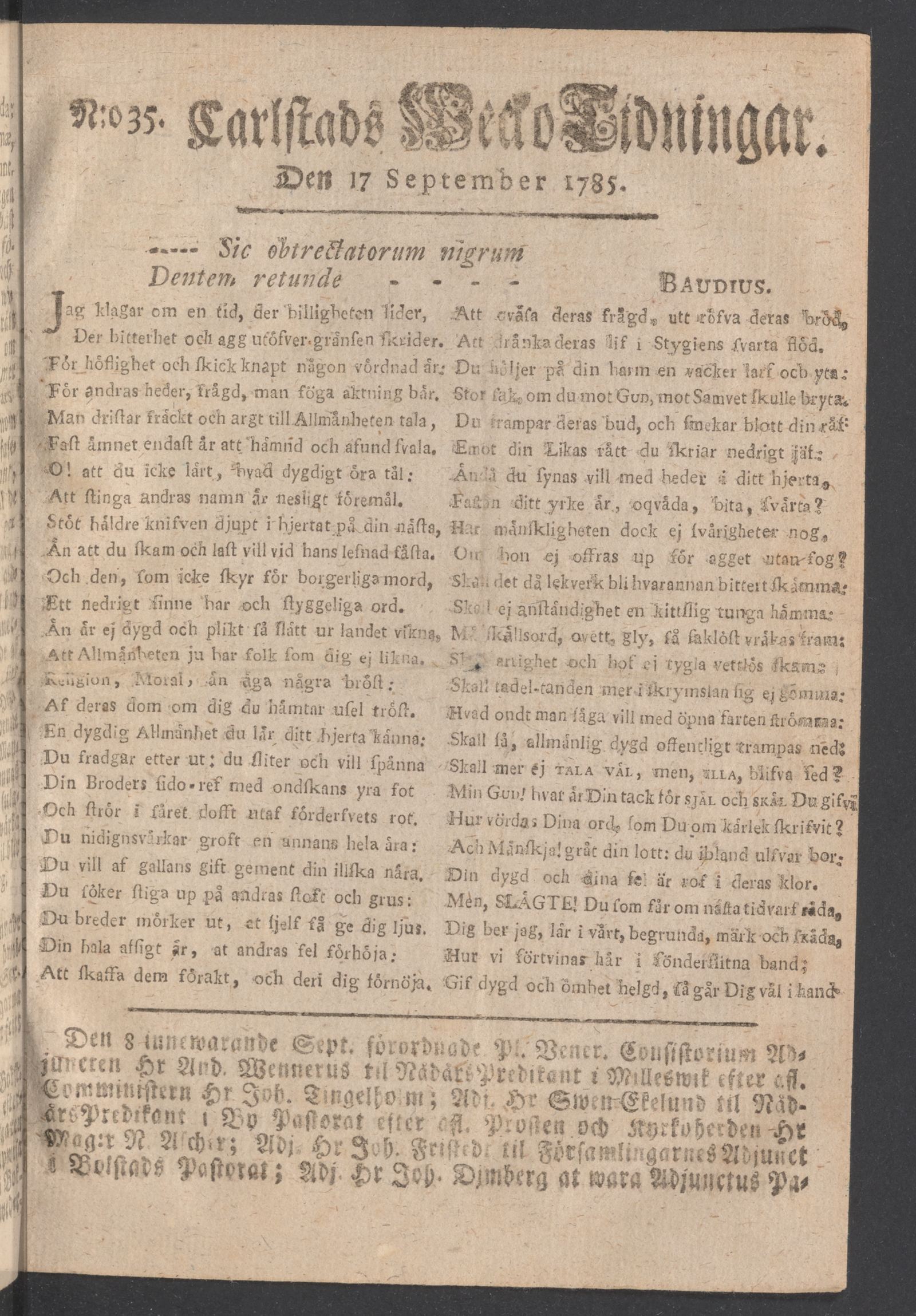 Tidningssida ur CARLSTADS WECKOTIDNINGAR, 1785-09-17