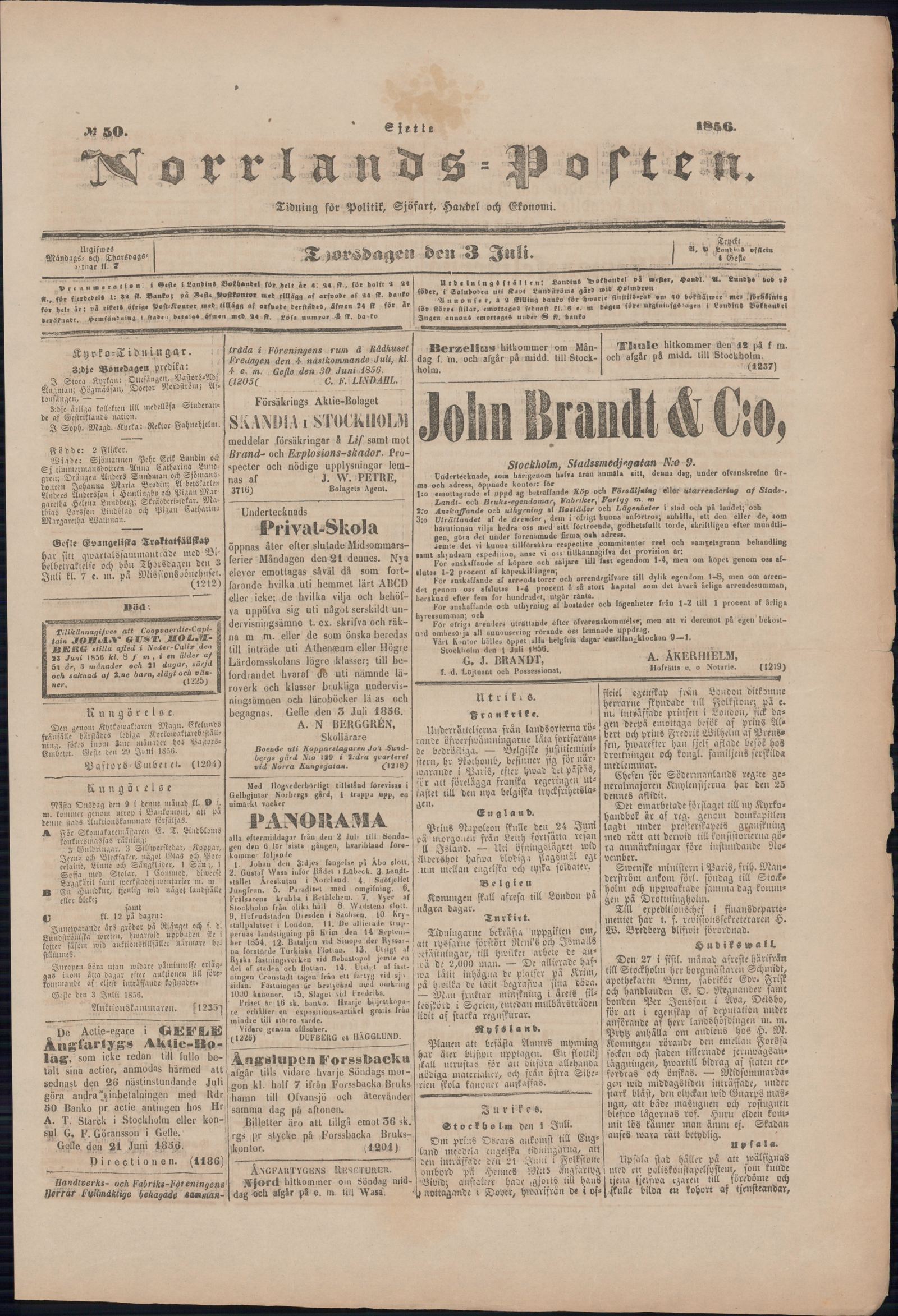 Tidningssida ur NORRLANDSPOSTEN, 1856-07-03