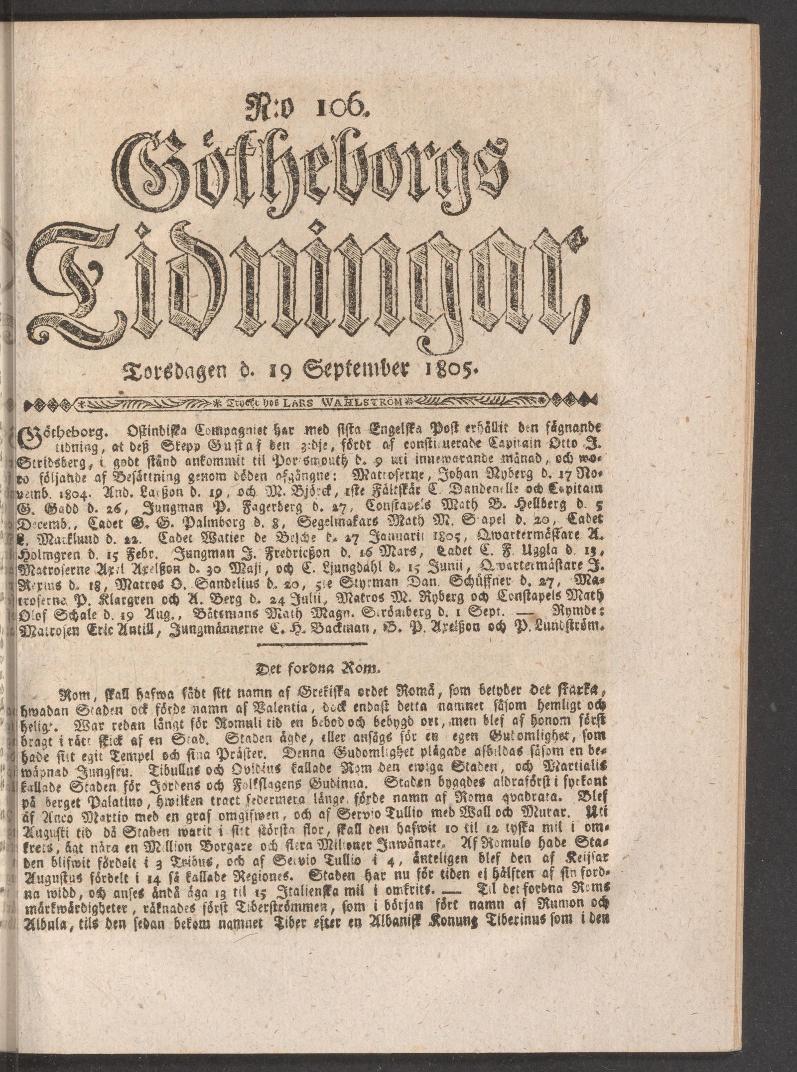 Tidningssida ur GÖTHEBORGS TIDNINGAR, 1805-09-19