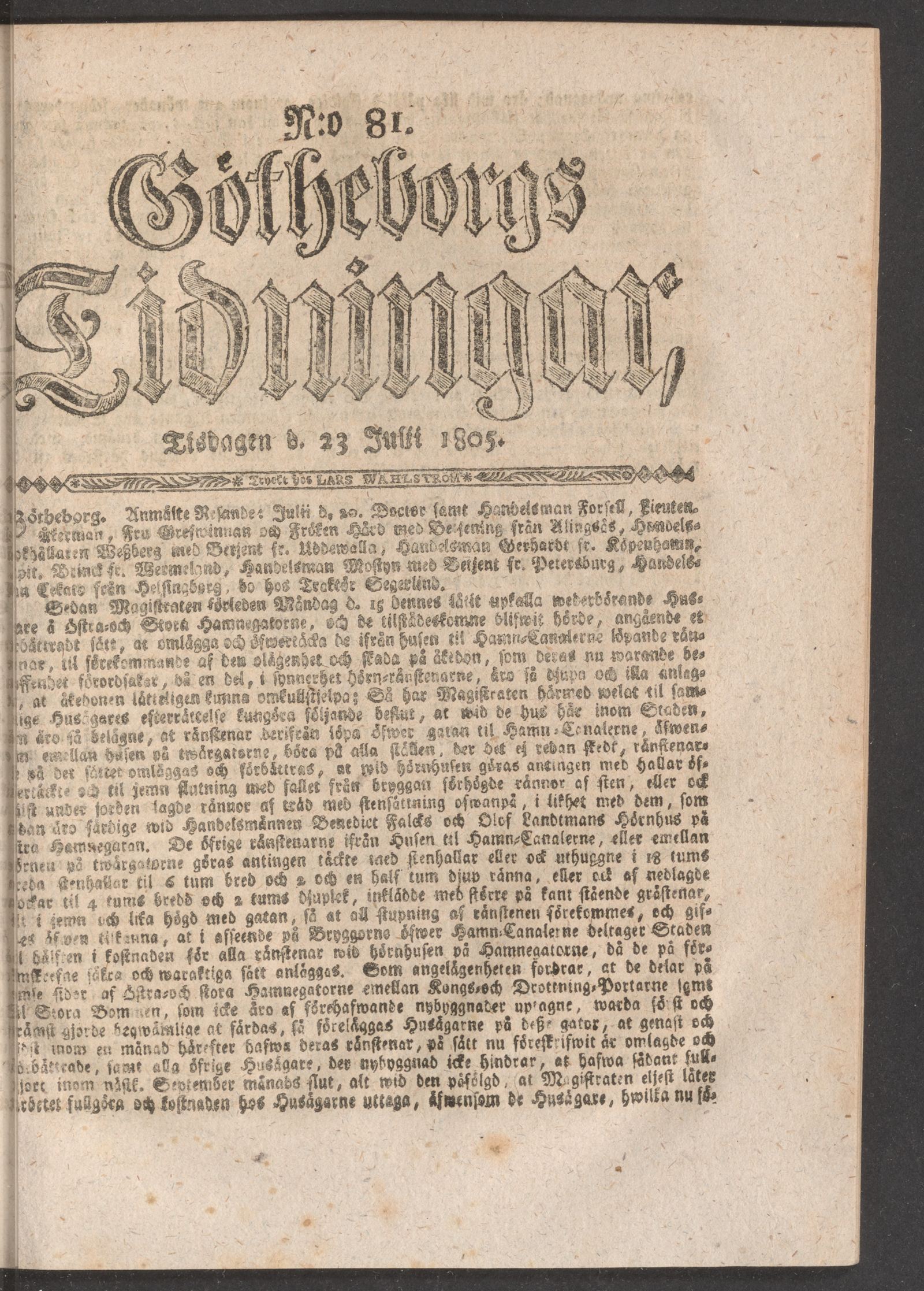 Tidningssida ur GÖTHEBORGS TIDNINGAR, 1805-07-23