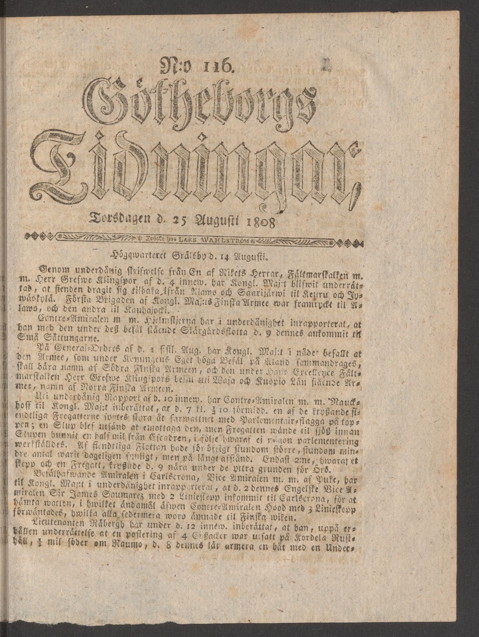 Tidningssida ur GÖTHEBORGS TIDNINGAR, 1808-08-25