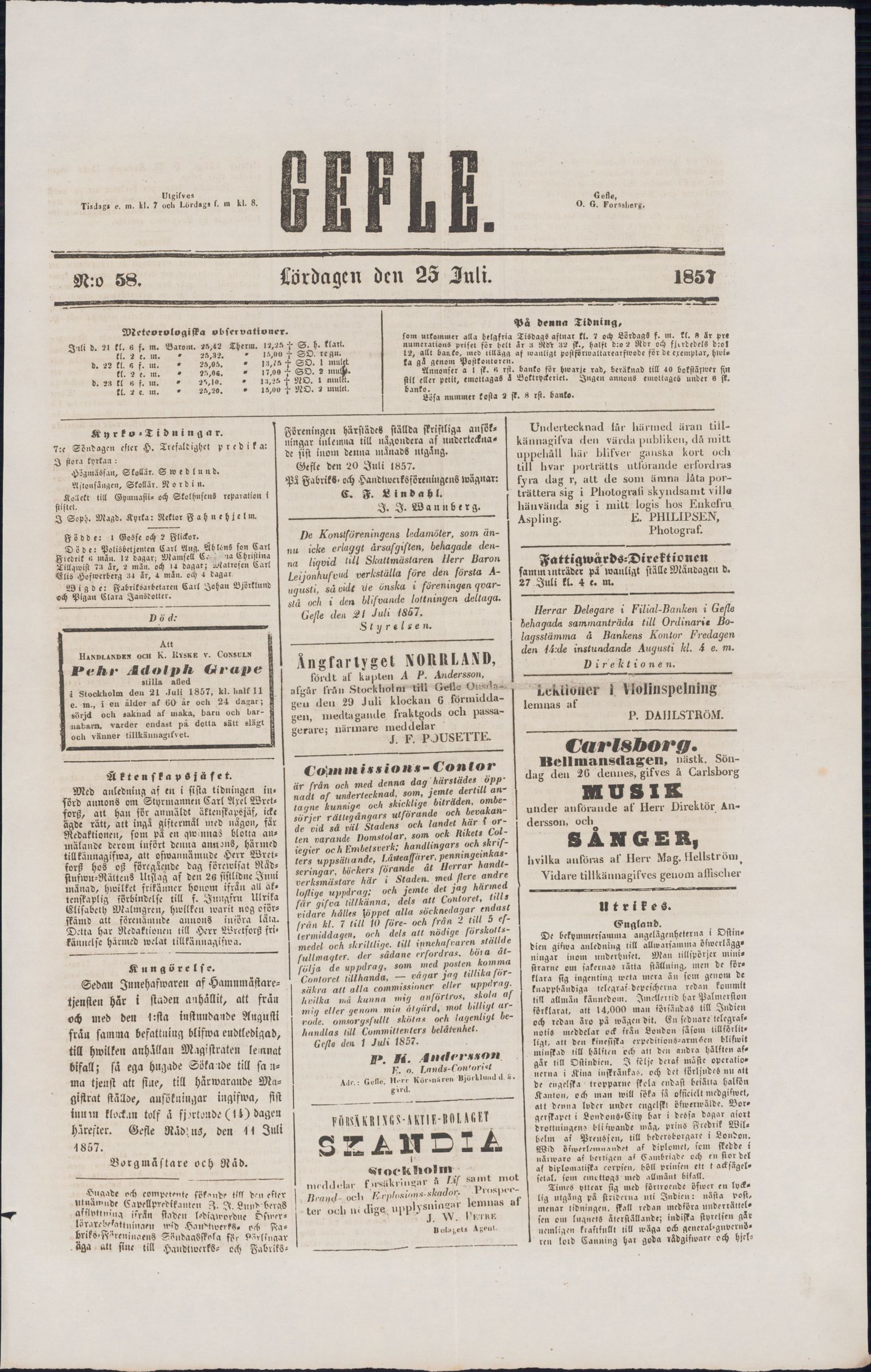 Tidningssida ur GEFLEBORGS LÄNS TIDNING, 1857-07-25
