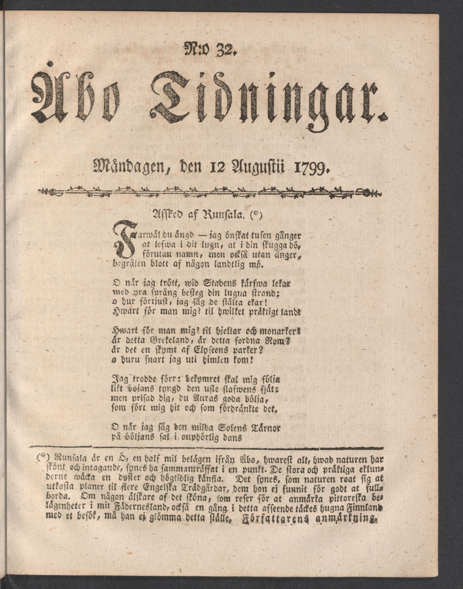 Tidningssida ur ÅBO TIDNINGAR, 1799-08-12