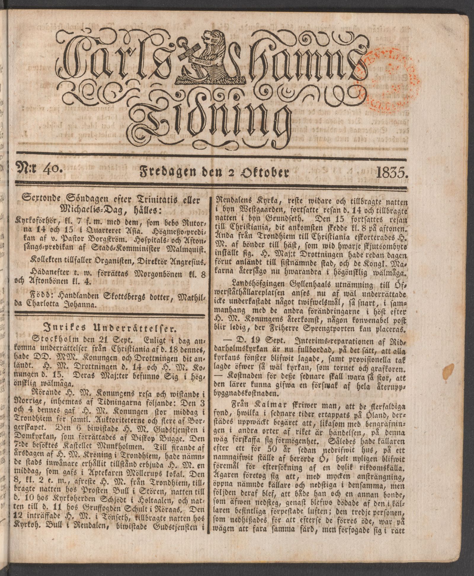 Tidningssida ur CARLSHAMNS TIDNING, 1835-10-02