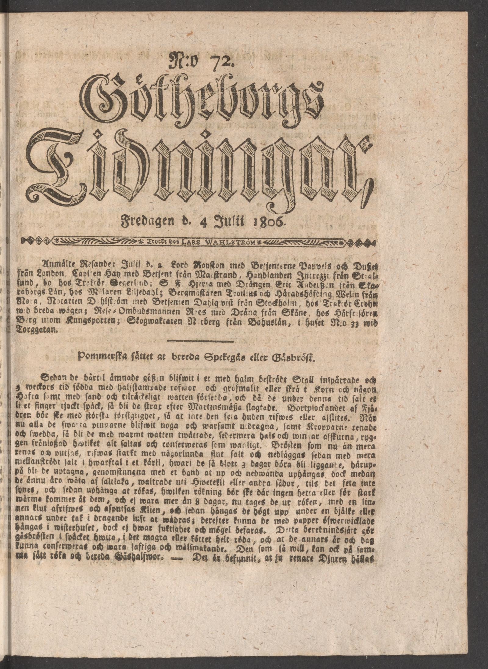 Tidningssida ur GÖTHEBORGS TIDNINGAR, 1806-07-04