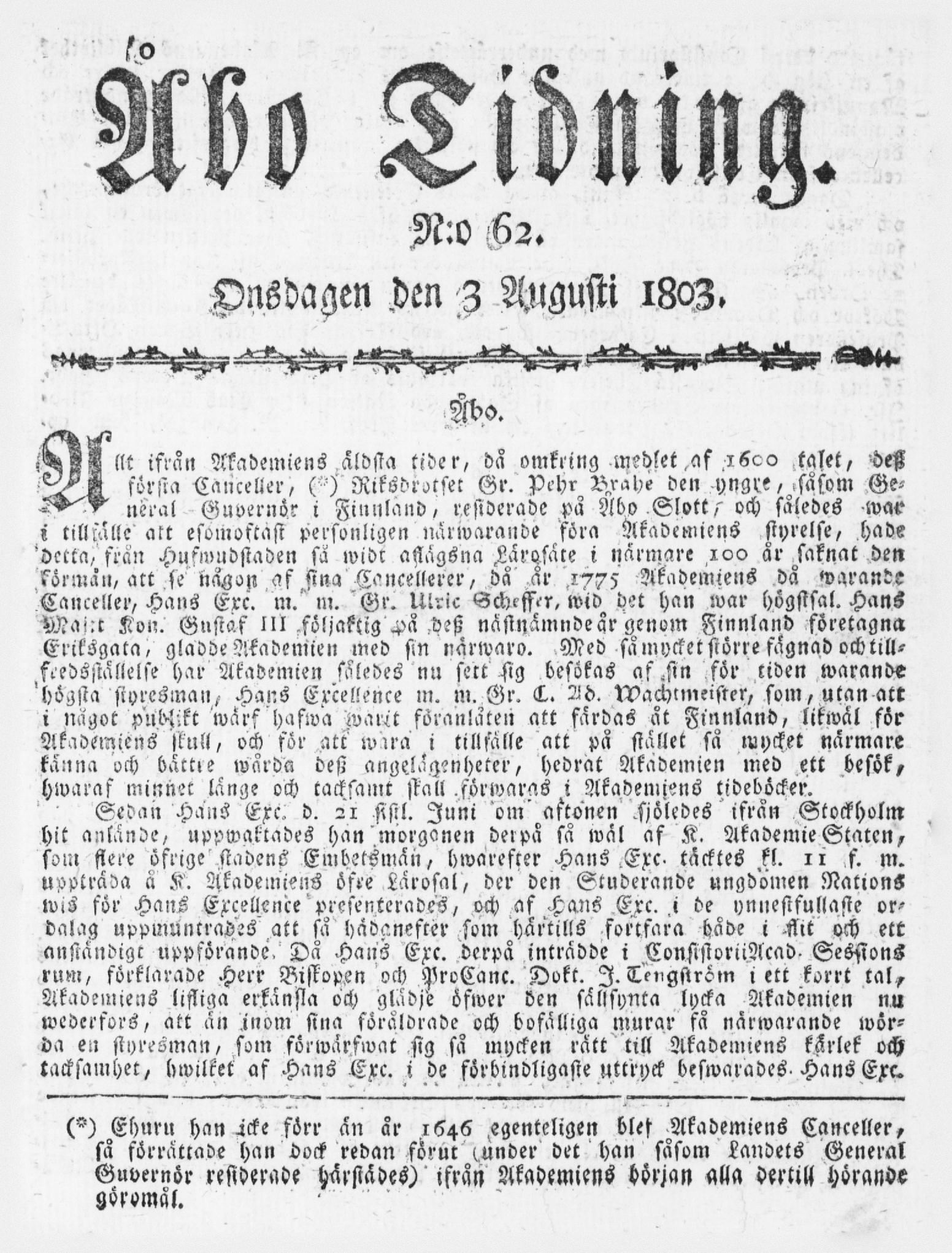 Tidningssida ur ÅBO TIDNING, 1803-08-03